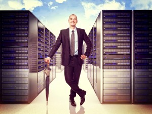 smiling man with umbrella and 3d server background