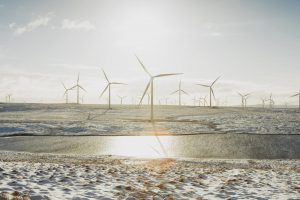 Wind turbines on sandy landscape, Ayrshire, Scotland