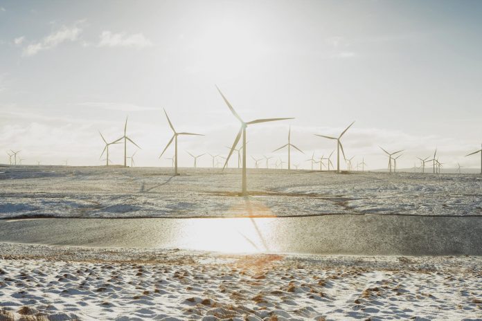 Wind turbines on sandy landscape, Ayrshire, Scotland